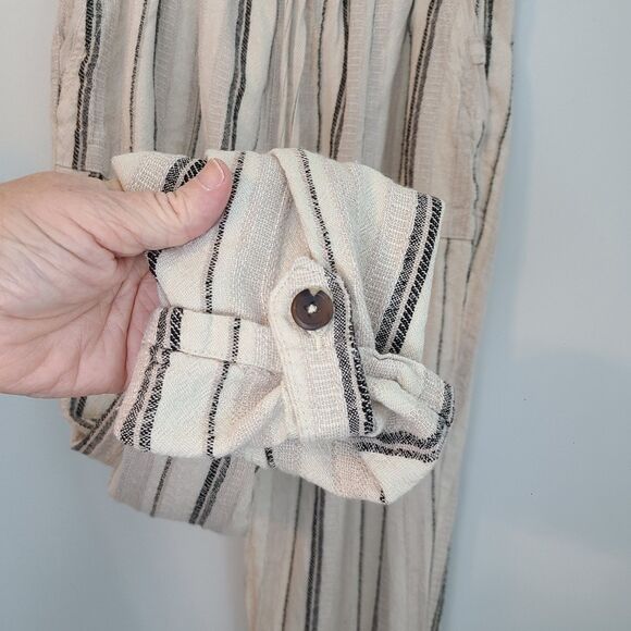 Sincerely Jules Womens M Tan Striped Roll Tab Hem Cuffed Linen Blend Pants Boho - Picture 5 of 15